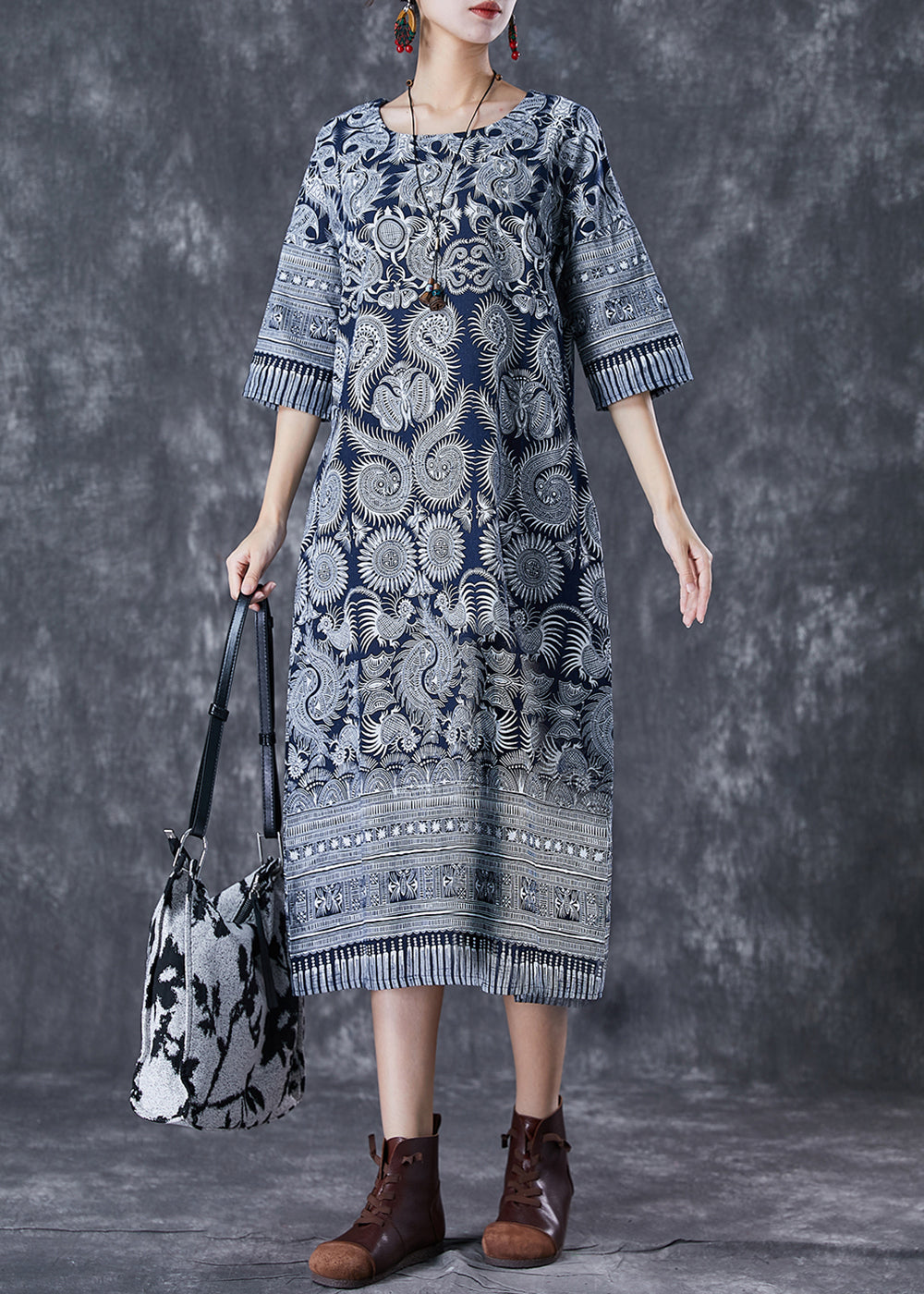 Fine Grey Print Slim Fit Cotton Straight Dresses Half Sleeve LY7105 - fabuloryshop