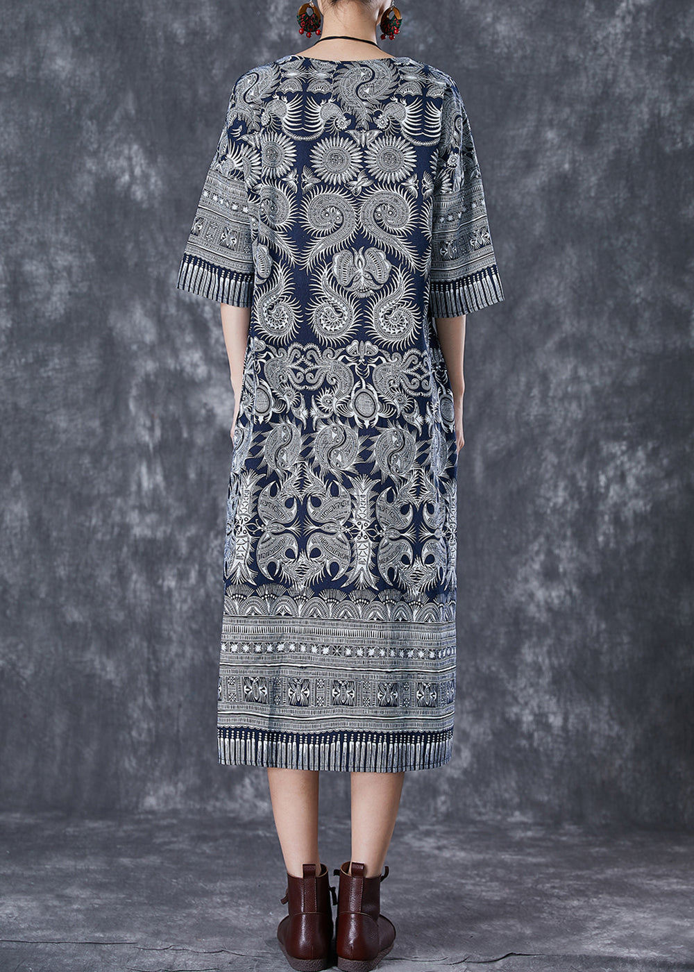 Fine Grey Print Slim Fit Cotton Straight Dresses Half Sleeve LY7105 - fabuloryshop
