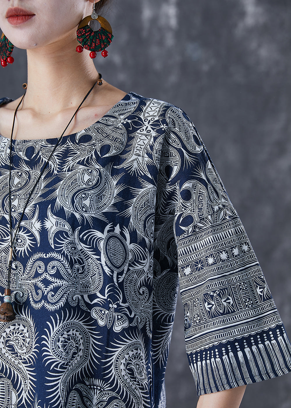 Fine Grey Print Slim Fit Cotton Straight Dresses Half Sleeve LY7105 - fabuloryshop