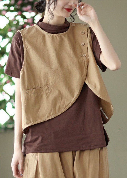 Fine Khaki Asymmetrical Patchwork Cotton Vest Sleeveless LY0216 - fabuloryshop