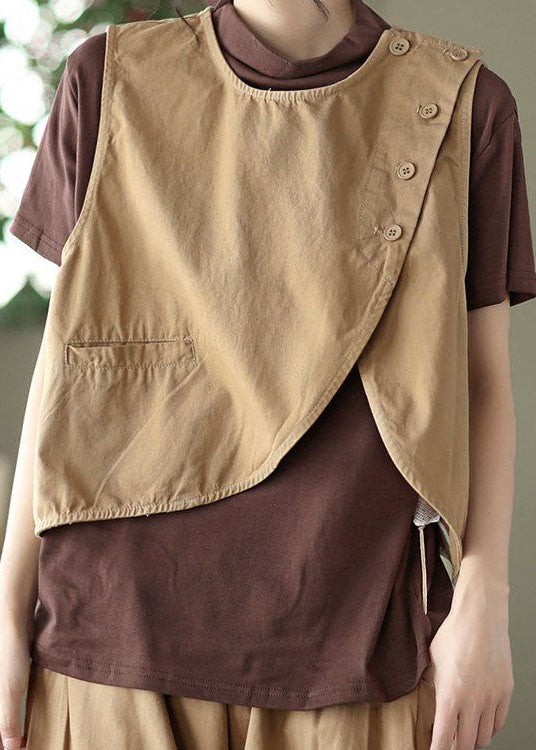 Fine Khaki Asymmetrical Patchwork Cotton Vest Sleeveless LY0216 - fabuloryshop