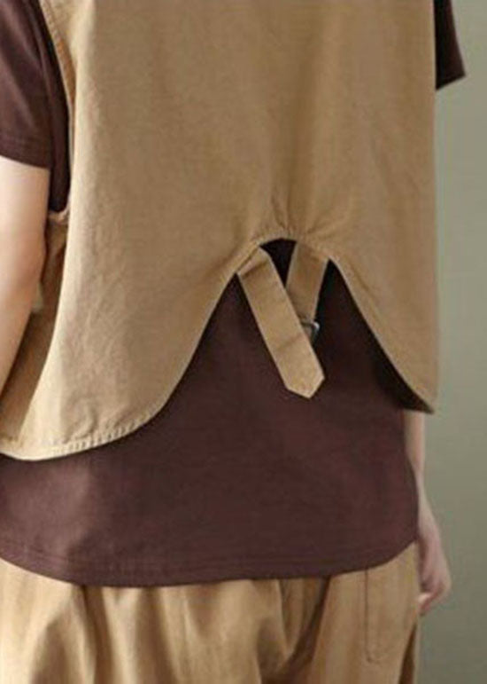 Fine Khaki Asymmetrical Patchwork Cotton Vest Sleeveless LY0216 - fabuloryshop