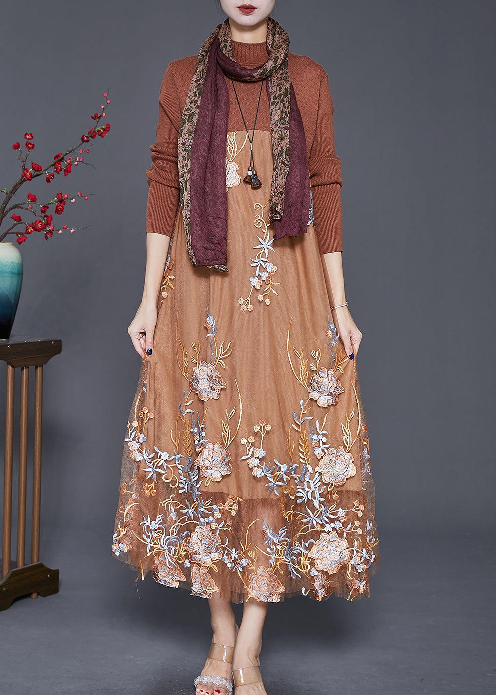 Fine Khaki Embroideried Patchwork Knit Dress Fall Ada Fashion