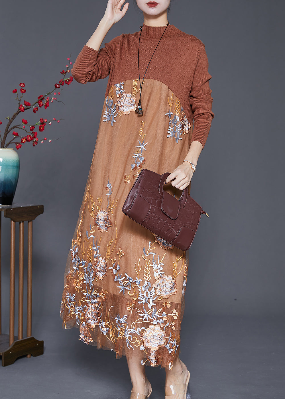 Fine Khaki Embroideried Patchwork Knit Dress Fall Ada Fashion