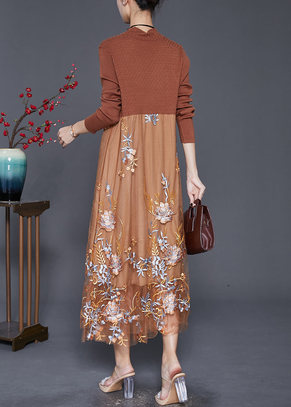 Fine Khaki Embroideried Patchwork Knit Dress Fall Ada Fashion