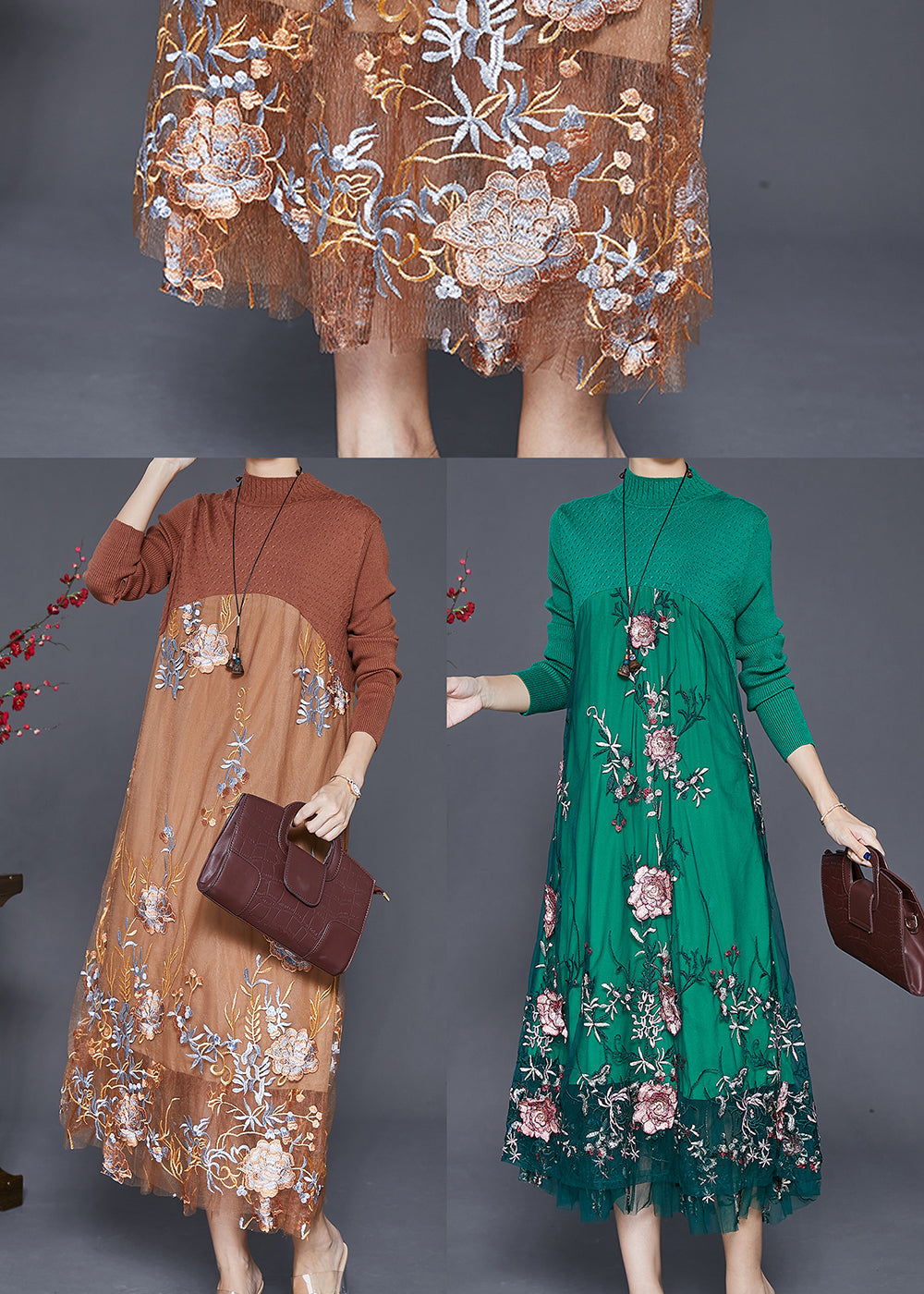 Fine Khaki Embroideried Patchwork Knit Dress Fall Ada Fashion