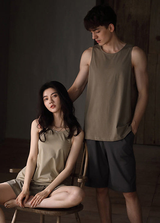 Fine Khaki O-Neck Cozy Cotton Couple Pajamas Two Pieces Set Summer TO1028 - fabuloryshop