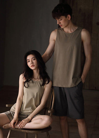 Fine Khaki O-Neck Cozy Cotton Couple Pajamas Two Pieces Set Summer LY1895 - fabuloryshop