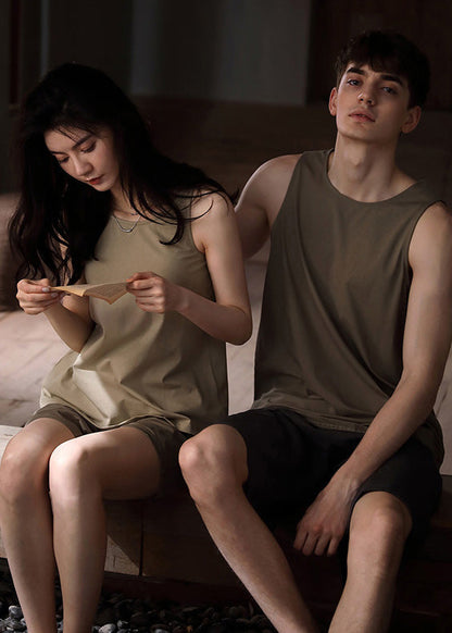 Fine Khaki O-Neck Cozy Cotton Couple Pajamas Two Pieces Set Summer LY1895 - fabuloryshop