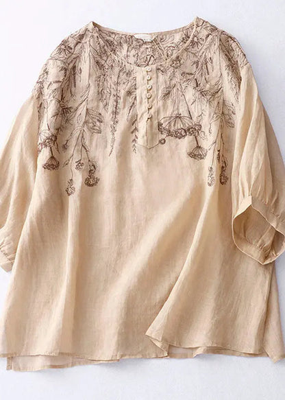 Fine Khaki O Neck Embroideried Patchwork Linen T Shirt Summer Ada Fashion