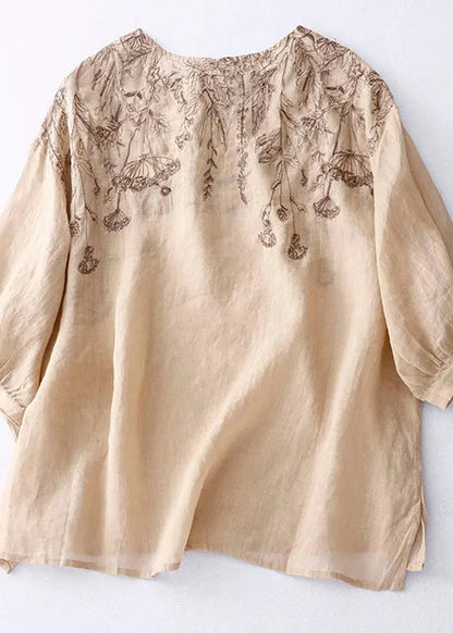 Fine Khaki O Neck Embroideried Patchwork Linen T Shirt Summer Ada Fashion