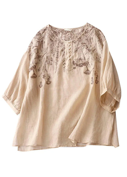 Fine Khaki O Neck Embroideried Patchwork Linen T Shirt Summer Ada Fashion