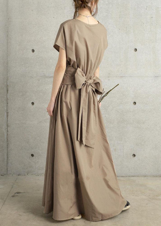 Fine Khaki V Neck Wrinkled Patchwork Cotton Long Dress Summer LY1315 - fabuloryshop