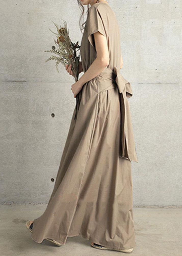 Fine Khaki V Neck Wrinkled Patchwork Cotton Long Dress Summer LY1315 - fabuloryshop