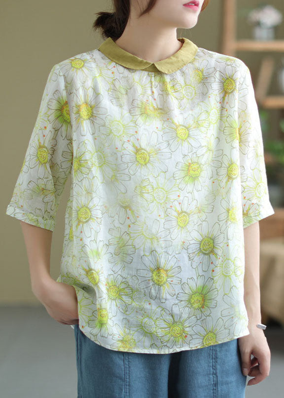 Fine Light Green Peter Pan Collar Print Patchwork Linen Top Summer LY6261 - fabuloryshop