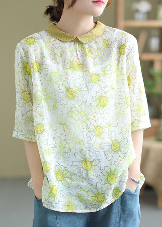 Fine Light Green Peter Pan Collar Print Patchwork Linen Top Summer LY6261 - fabuloryshop