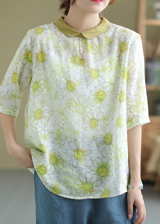 Fine Light Green Peter Pan Collar Print Patchwork Linen Top Summer LY6261 - fabuloryshop