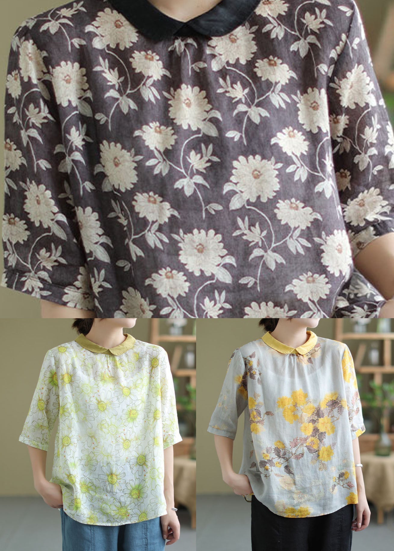 Fine Light Green Peter Pan Collar Print Patchwork Linen Top Summer LY6261 - fabuloryshop