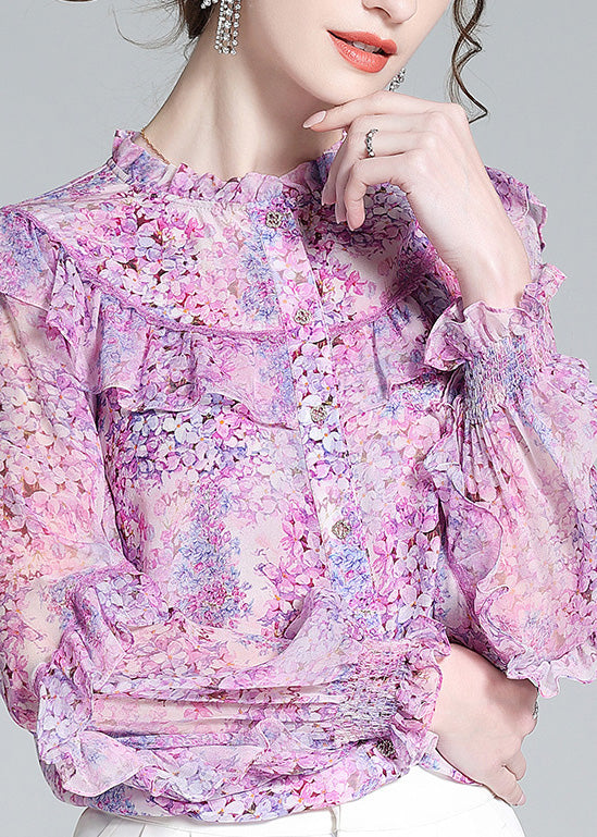 Fine Light Purple Ruffled Print Button Silk Shirts Long Sleeve LY0682 - fabuloryshop