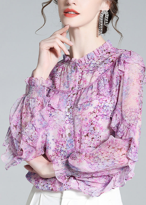 Fine Light Purple Ruffled Print Button Silk Shirts Long Sleeve LY0682 - fabuloryshop