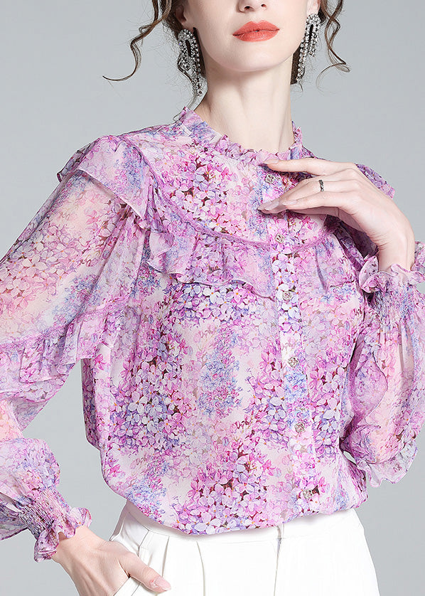 Fine Light Purple Ruffled Print Button Silk Shirts Long Sleeve LY0682 - fabuloryshop