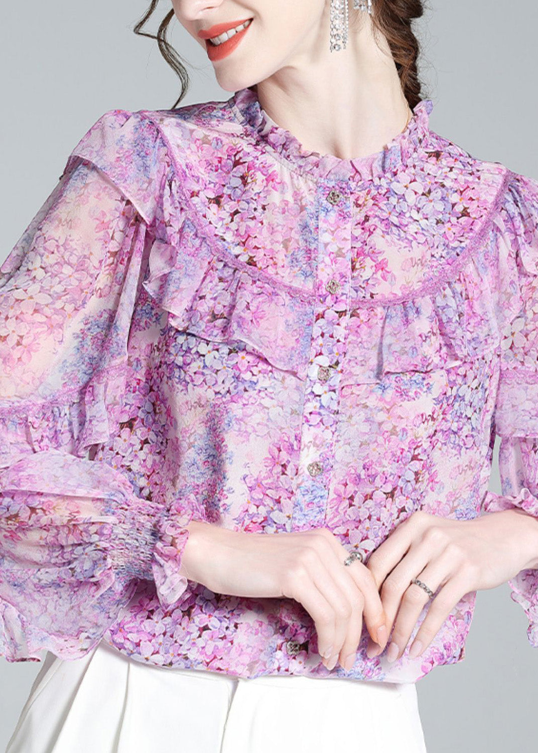 Fine Light Purple Ruffled Print Button Silk Shirts Long Sleeve LY0682 - fabuloryshop