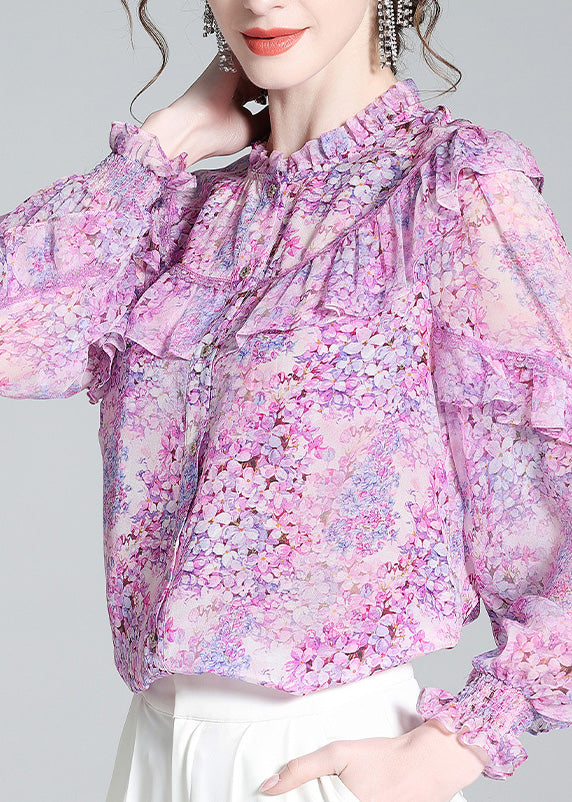 Fine Light Purple Ruffled Print Button Silk Shirts Long Sleeve LY0682 - fabuloryshop