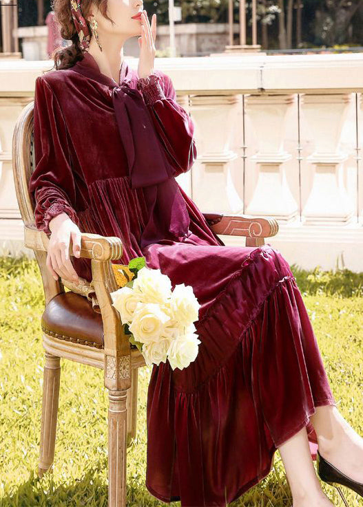 Fine Mulberry Bow Collar Ruffled Patchwork Silk Velour Dresses Spring LY0969 - fabuloryshop