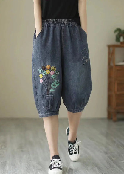 Fine Navy Embroideried Floral Denim Harem Pants Summer Ada Fashion