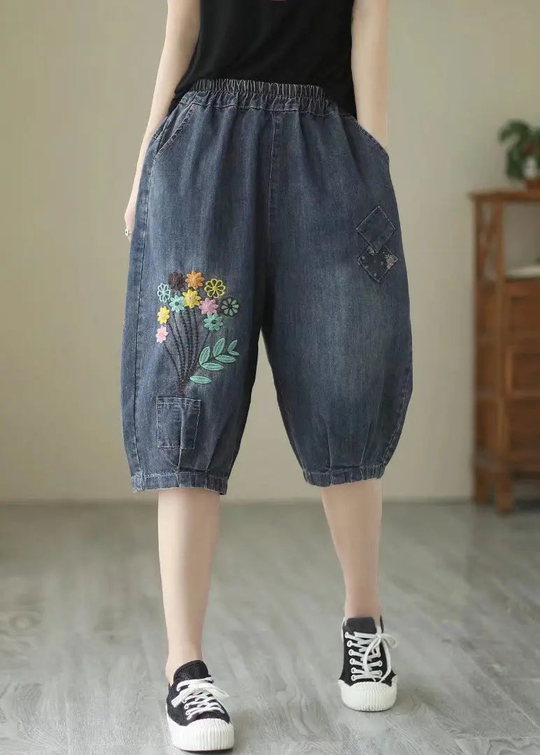 Fine Navy Embroideried Floral Denim Harem Pants Summer Ada Fashion