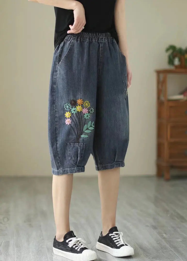 Fine Navy Embroideried Floral Denim Harem Pants Summer Ada Fashion