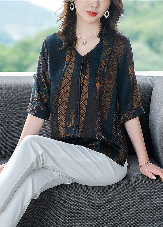 Fine Navy V Neck Print Patchwork Silk Shirt Summer LY0438 - fabuloryshop