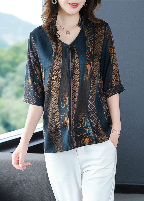 Fine Navy V Neck Print Patchwork Silk Shirt Summer LY0438 - fabuloryshop