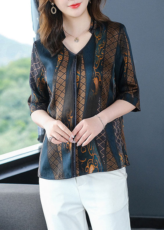 Fine Navy V Neck Print Patchwork Silk Shirt Summer LY0438 - fabuloryshop