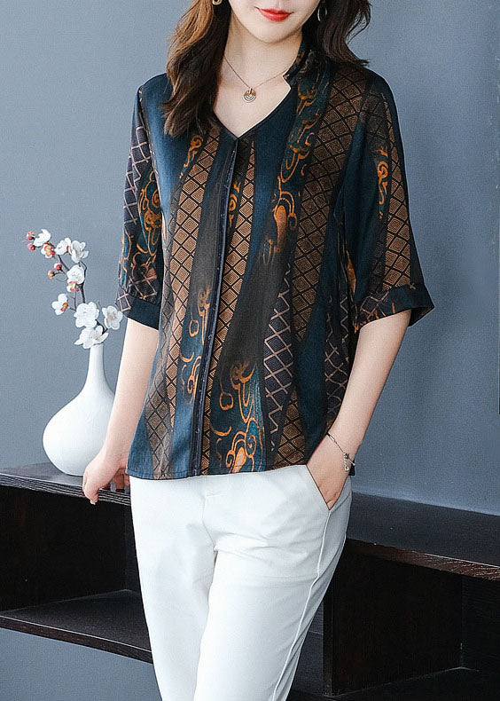 Fine Navy V Neck Print Patchwork Silk Shirt Summer LY0438 - fabuloryshop