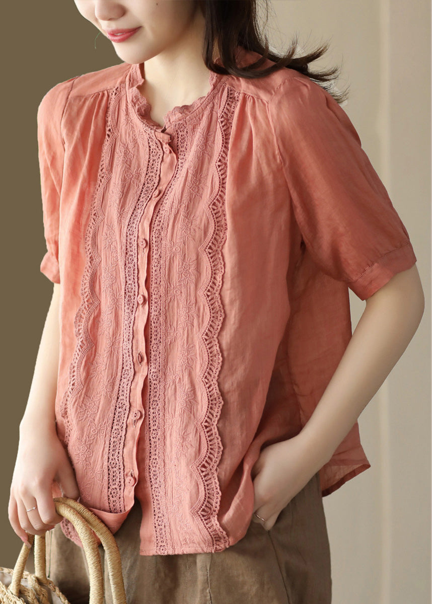 Fine Orange O-Neck Patchwork Hollow Out Button Ramie Shirts Short Sleeve LY5029 - fabuloryshop