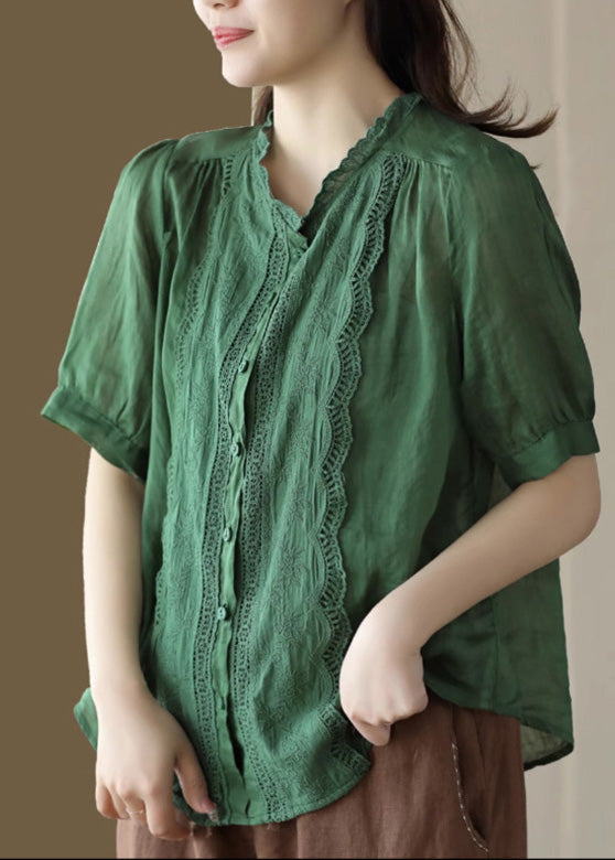 Fine Orange O-Neck Patchwork Hollow Out Button Ramie Shirts Short Sleeve LY5029 - fabuloryshop