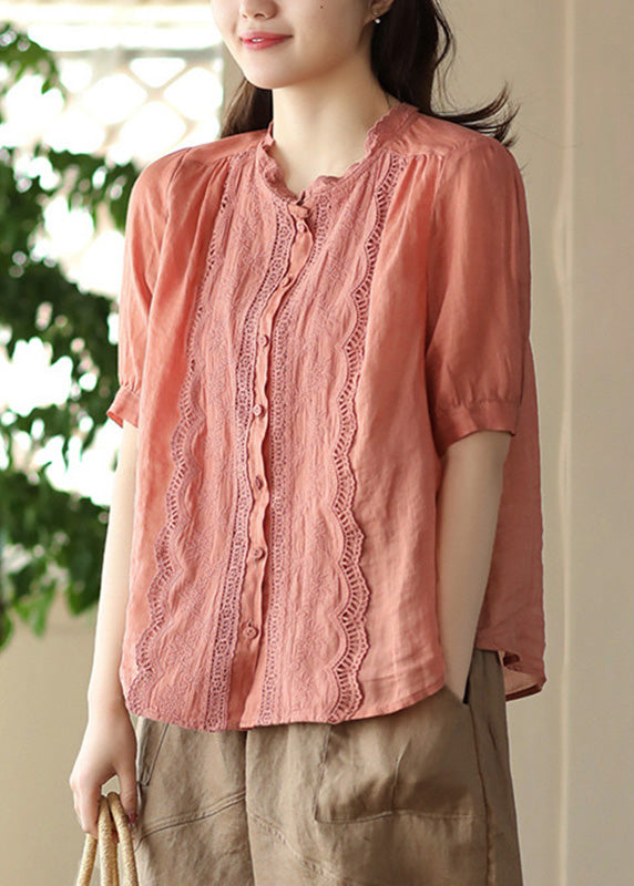 Fine Orange O-Neck Patchwork Hollow Out Button Ramie Shirts Short Sleeve LY5029 - fabuloryshop