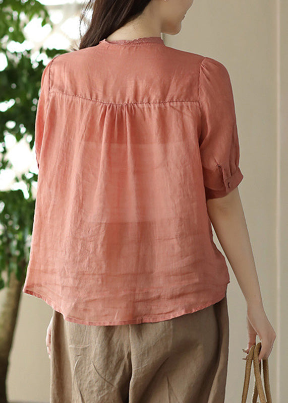 Fine Orange O-Neck Patchwork Hollow Out Button Ramie Shirts Short Sleeve LY5029 - fabuloryshop