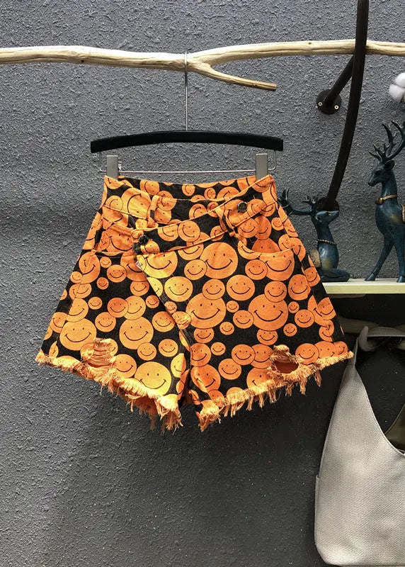 Fine Orange Print Patchwork Denim Wide Leg Shorts Summer Ada Fashion