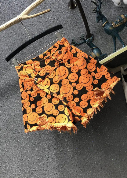 Fine Orange Print Patchwork Denim Wide Leg Shorts Summer Ada Fashion