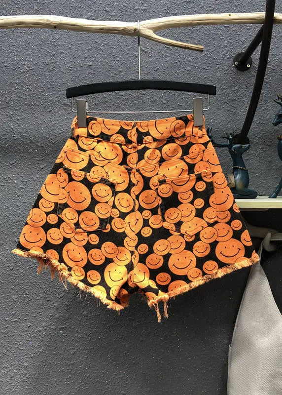 Fine Orange Print Patchwork Denim Wide Leg Shorts Summer Ada Fashion