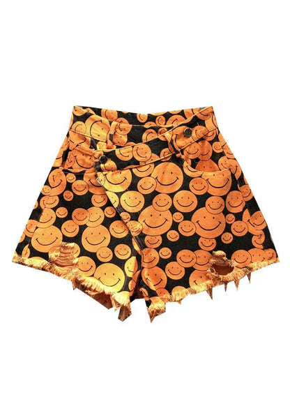 Fine Orange Print Patchwork Denim Wide Leg Shorts Summer Ada Fashion