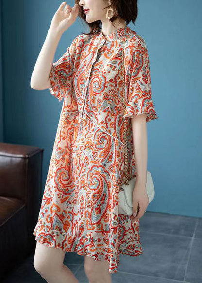 Fine Orange Stand Collar Print Patchwork Chiffon Dresses Summer LY6711 - fabuloryshop