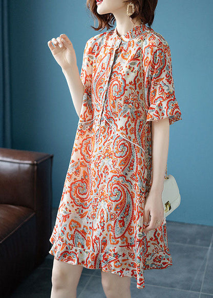 Fine Orange Stand Collar Print Patchwork Chiffon Dresses Summer LY6711 - fabuloryshop