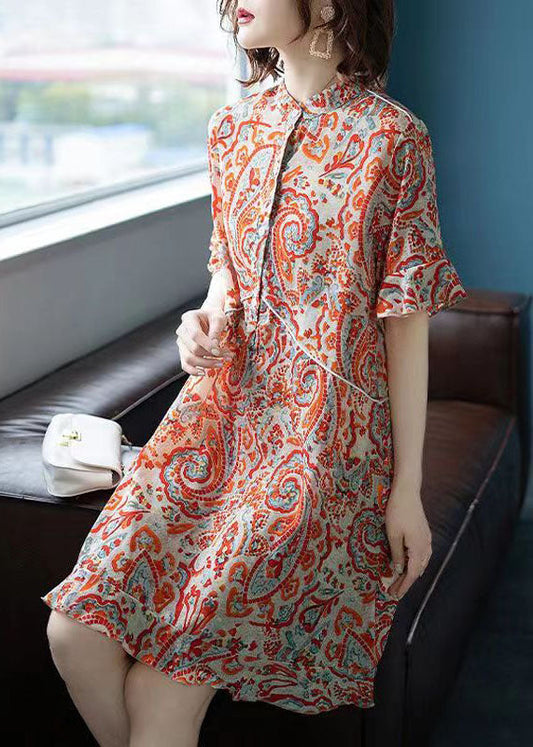 Fine Orange Stand Collar Print Patchwork Chiffon Dresses Summer LY6711 - fabuloryshop