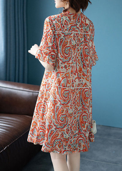 Fine Orange Stand Collar Print Patchwork Chiffon Dresses Summer LY6711 - fabuloryshop