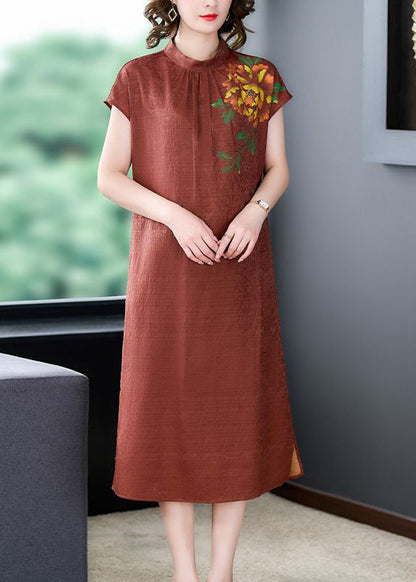 Fine Orange Stand Collar Print Side Open Silk Robe Dresses Summer LY3713 - fabuloryshop