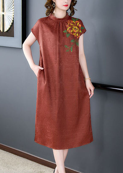 Fine Orange Stand Collar Print Side Open Silk Robe Dresses Summer LY3713 - fabuloryshop