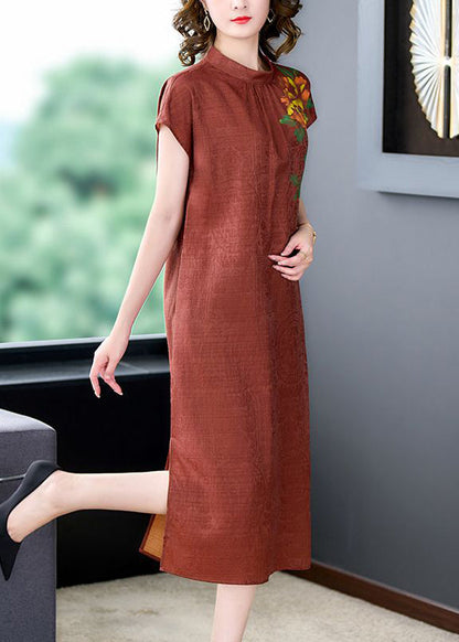 Fine Orange Stand Collar Print Side Open Silk Robe Dresses Summer LY3713 - fabuloryshop